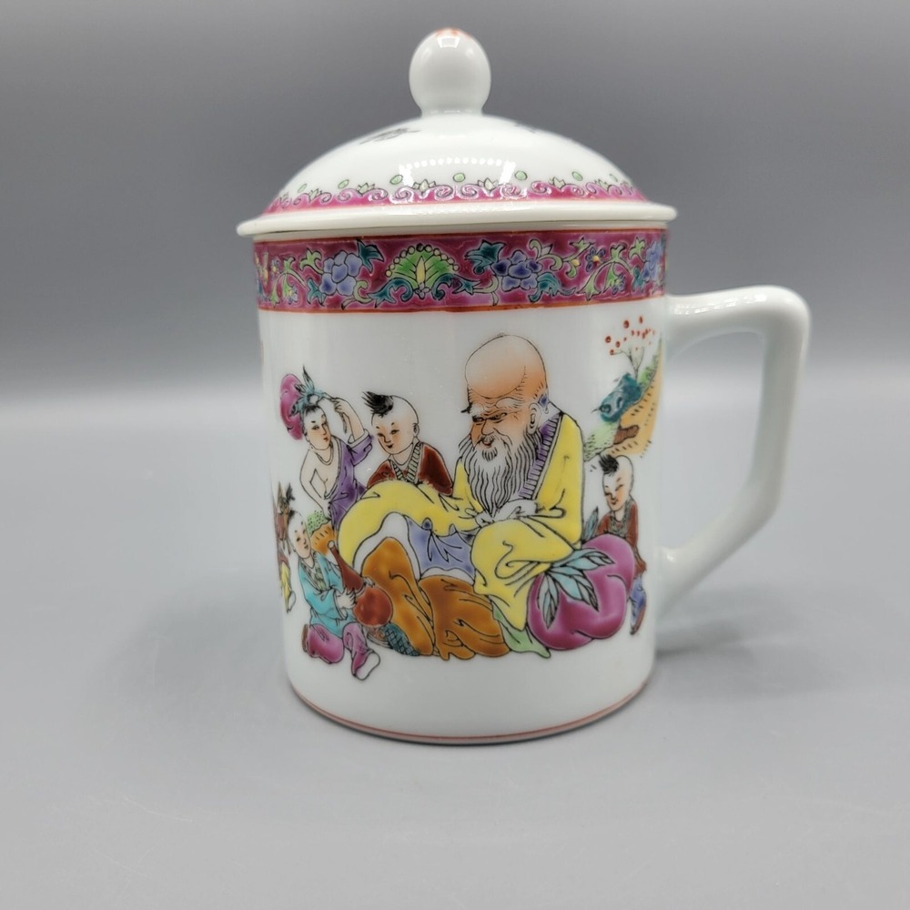 Ceramic Chinese Tea Mug With Lid Traditional Folklore Art Calligraphy